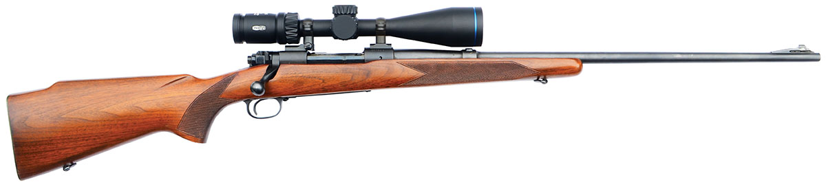 Winchester Model 70 in 220 Swift, made in 1953 (the sweet spot of pre-’64 production) with a 26-inch barrel. The scope is a Meopta Optika5 MeoPro 4-20x 50mm RD. They didn’t have scopes like that in 1953 and the Swift loves it.